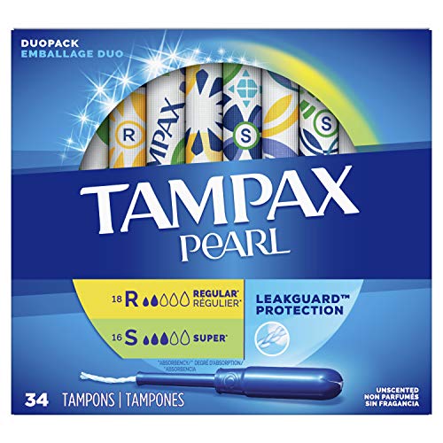 Tampax Pearl Absorbency with Leak Guard Braid Duo Unscented Tampons, Regular/Super, 34 Count