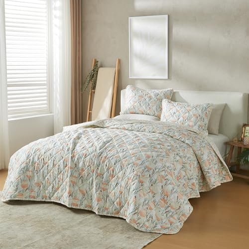 Vintage Comfort Full/Queen Size Quilt Set with Shams, Pink Coastal Decor Bedding Set, All-Season, Lightweight Bedspreads. Reversible, Beach-Themed Bedding. (Full/Queen, Peach Shells)