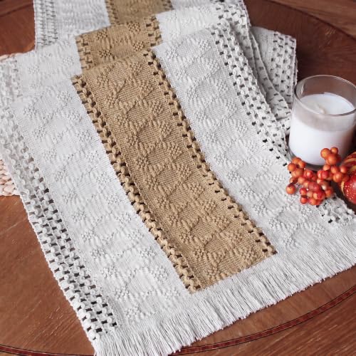 Image of FEXIA Boho Table Runner for Fall Home Decor 12x72 Burlap with Tassels | 72 Inches Long Farmhouse Kitchen Dining Room Macrame Burlap Coffee Table Decoration Dresser Runner Pottery Barn Furniture