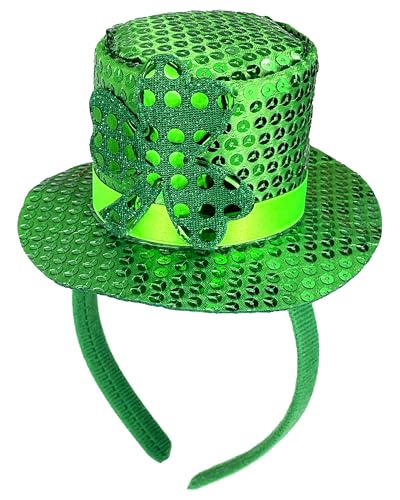 Donetuer St. Patricks Day Green Mini Top Hat Headband Irish Sequin Shamrock Leprechaun Hat Headband Saint Pattys Day Accessories for Men Women