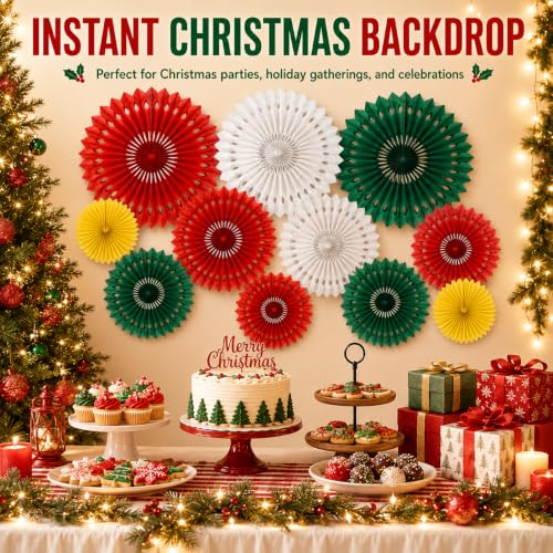 Image of Christmas Hanging Honeycomb Round Paper Fans Decoration Winter Theme Tissue Paper Fan Garland for Shower Birthday Graduation Wedding Party Supplies 11 Count
