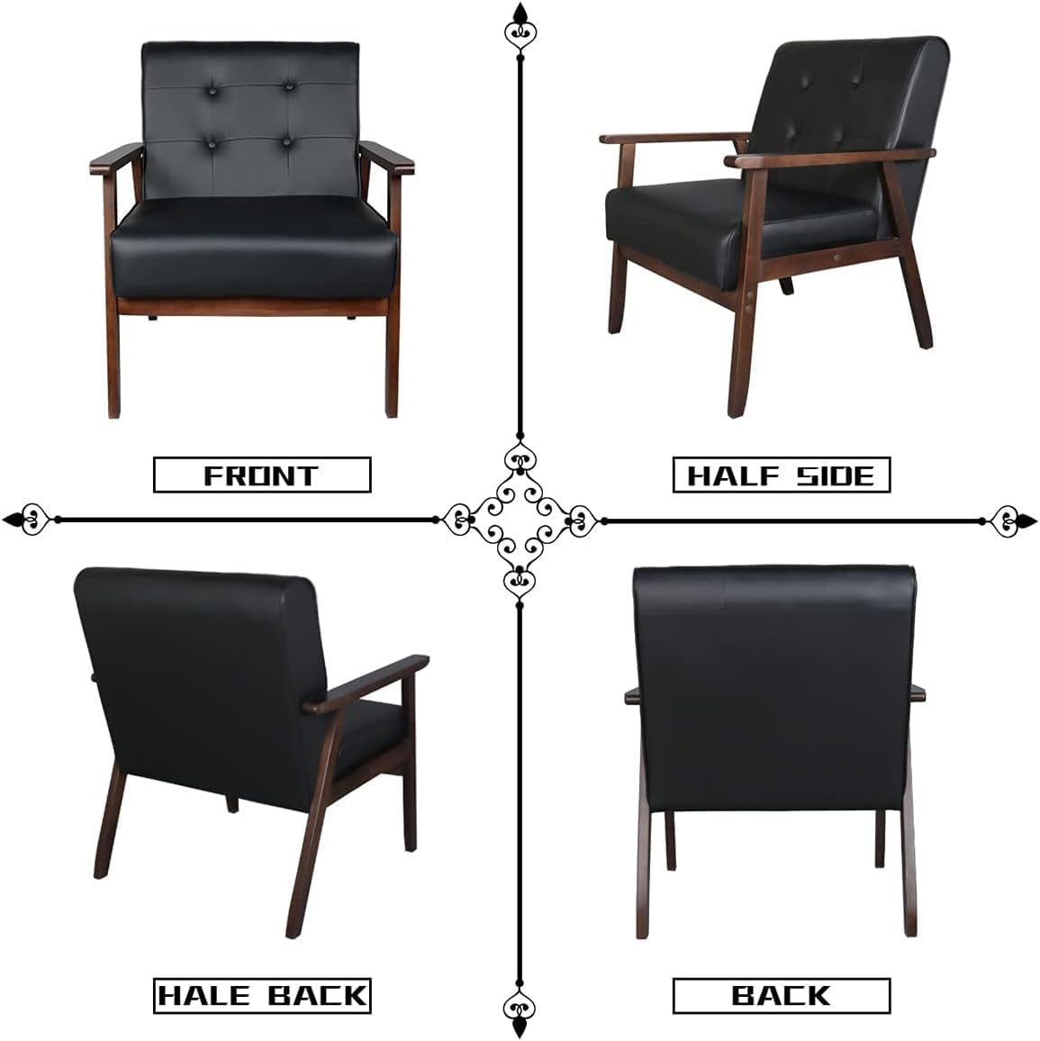 AODAILIHB Black Mid Century Modern Leather Accent Chair, Small Office Couch Chair Love Seat with Wood Frame, Booth Seating Single Leather Chair for Waiting Room