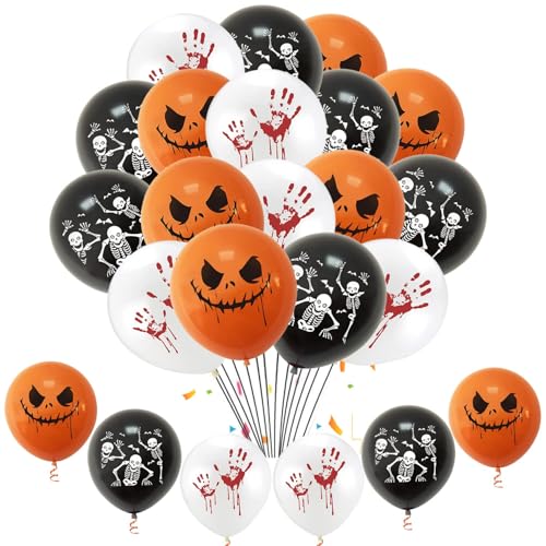 50pcs Halloween Balloons Decorations Set, Tomario 12 Inch Black Orange White Balloons Happy Halloween Ghost Skeleton Blood Hand Latex Ballons for Hallowen All Hallows' Day Party Decorations
