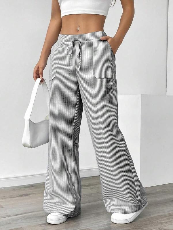 Women’s Striped Wide Leg Pants, High Waist Casual Lounge Trousers with Drawstring, Loose Fit Streetwear