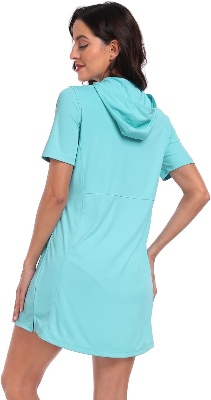 HDE Women's Short Sleeve Beach Coverup Dress with Hood UPF 50 Swim Cover Up - Image 5