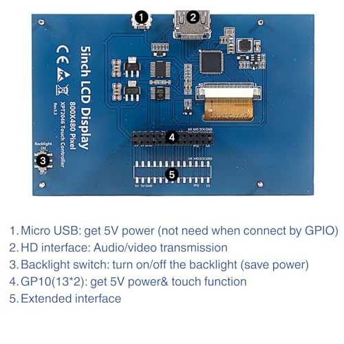 Image of 5 Inch HDMI Resistive Touch Screen TFT LCD Display, HD 800x480 LCD Display with HD Adapter, Touch Pen, Compatible with Raspberry Pi 5 /4 /3 /2B /Zero, Banana Pi, Jetson Nano, Windows 11 /10 /8 /7