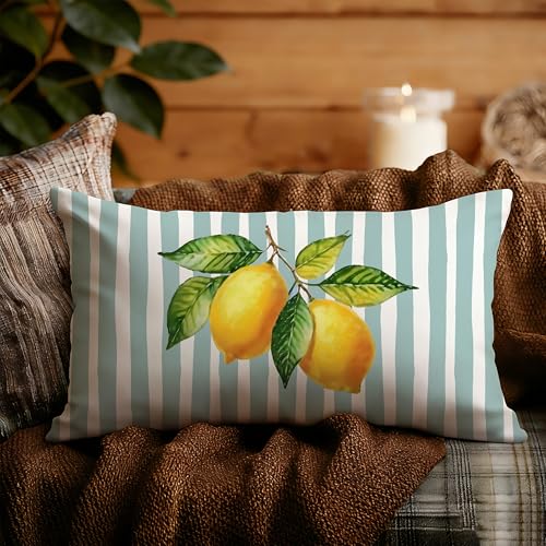 Image of Dusty Mint and Yellow Summer Italian Mediterranean Amalfi Coast Lemon Pillow Cover Decor 12x20,Italian Striped Decorative Throw Pillow Cover Decor for Couch Double-Sided