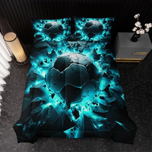 Image of Nttopship Soccer Bedding Comforter Set Full Size for Kids Teens and Adults, Turquoise Black Football Printed Bedding Sets 3 PCS,Ball Sports Themed Bedroom Decor with 1 Comforter and 2 Pillowcases