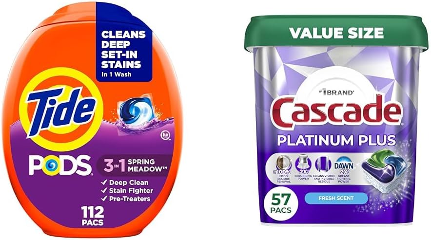 Bundle of Tide PODS Laundry Detergent Pacs, Spring Meadow Scent, 112 Count, Stain Remover & Color Protector + Cascade Platinum Plus Dishwasher Pods, Fresh Scent, 57 Count