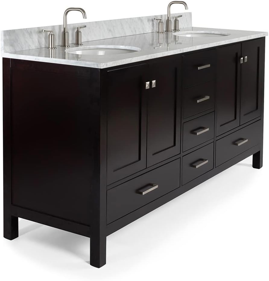 ARIEL Cambridge 72-inch Bathroom Vanity with Sink,Solid Wood, 0.75-inch Italian Carrara Marble Countertop, Double Oval Porcelain Sink, 4 Soft Closing Doors, 6 Dovetail Drawers, Espresso