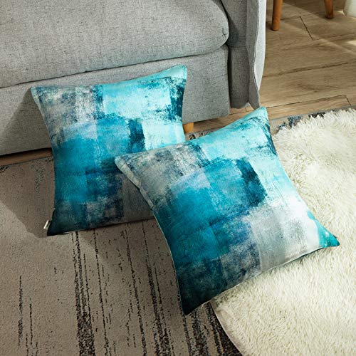 Britimes Throw Pillow Covers Modern Home Art Decor, 18 X 18 Inches Set Of 2 Pillow Cases Decorative, Abstract Oil Painting Pillowcases For Bedroom, Living Room, Teal Peacock Blue #TOP3
