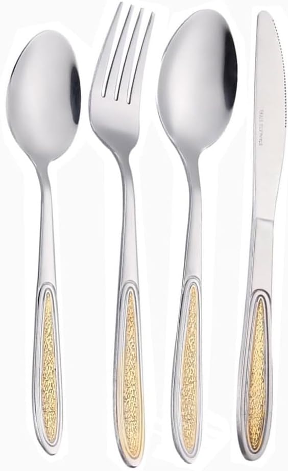 Vintage Embossed Gold Plated Handle Kitchen Stainless Steel Silverware Tableware Flatware Cutlery Knives Forks Spoons Set for 4 People,Hotel Kitchen Dessert Teaspoon (Silver,16 pieces)