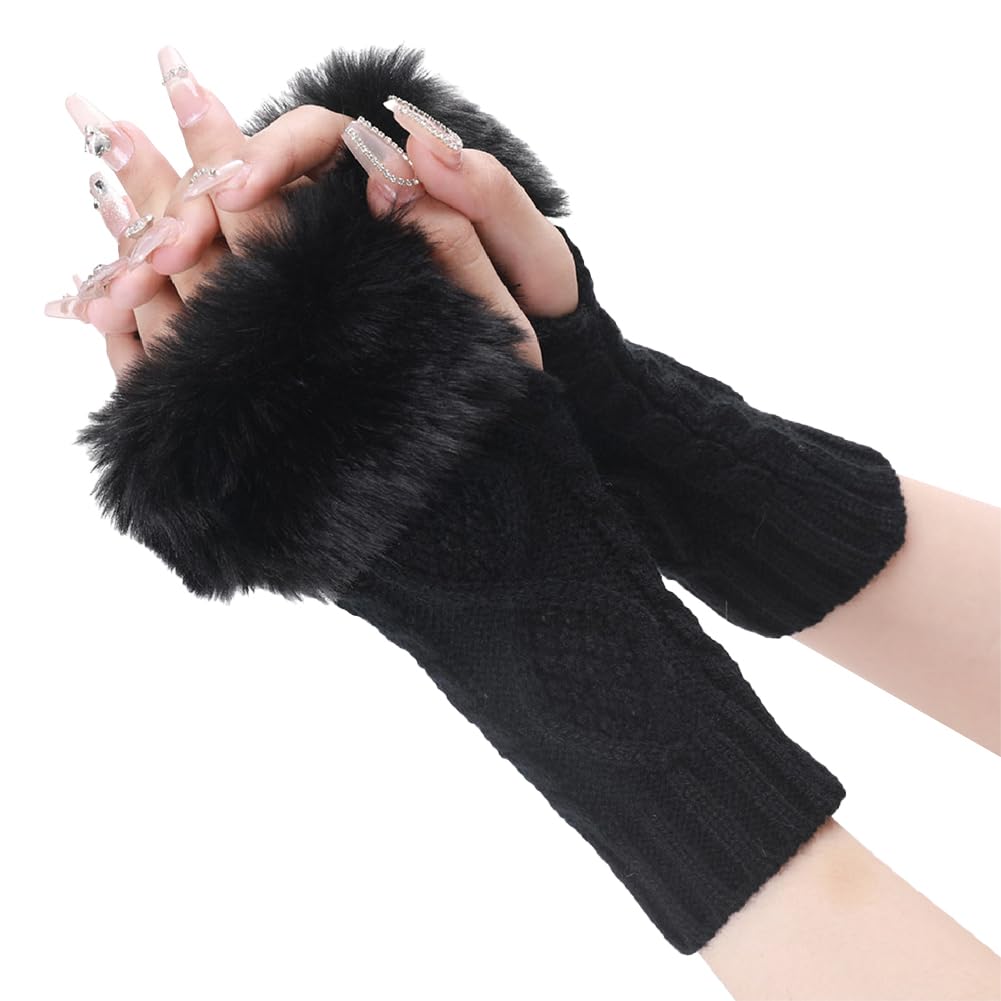 CABODYALS 2 Paar Schwarze Fingerlose Handschuhe Aus Fell Flauschige Handschuhe Weiche Armstulpen Aus Strick Daumenloch Handschuhe Mit Kunstfell Gestrickte Handgelenkwärmer Fäustlinge Für Damen Tippen Fashion