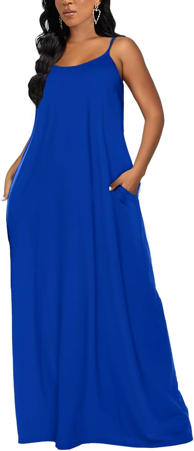 OFEEFAN Women's Maxi Dresses Summer Spaghetti Strap Dress with Pockets - Image 2