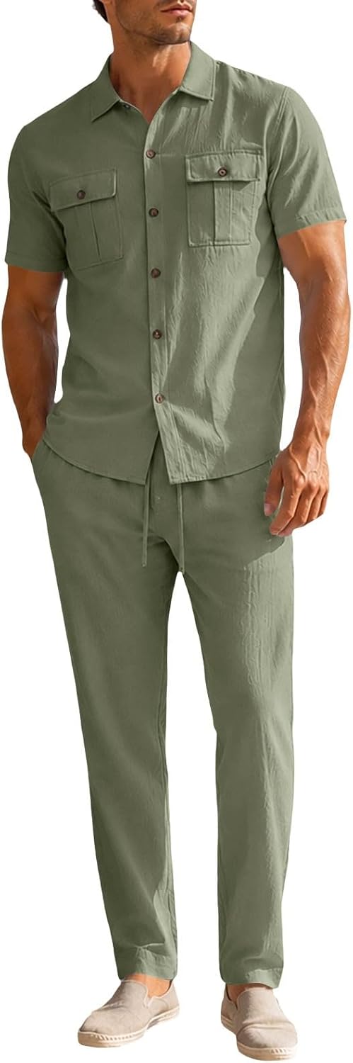 HJINGSUN Men Summer Outfits Linen Button Down Shirt Sets | Weekend Travel, Casual Hangouts, Music Events, Resort Lounging, Warm-Weather Strolls, Vacation Photo Moments, Social Meetups
