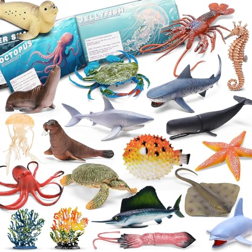 20 Pcs Ocean Animal Toy with Educational Booklet, Plastic Sea Animal with Gift Box, Mini Sea Creature Figures for Kids Age 3+, Birthday Gift, Ocean Theme Party Favor, Water Bath Toy for Toddler