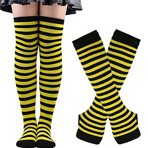 Womens Striped Thigh High Socks Over Knee High Socks Leg Warmer Long Fingerless Gloves Set for Halloween Christmas Cosplay