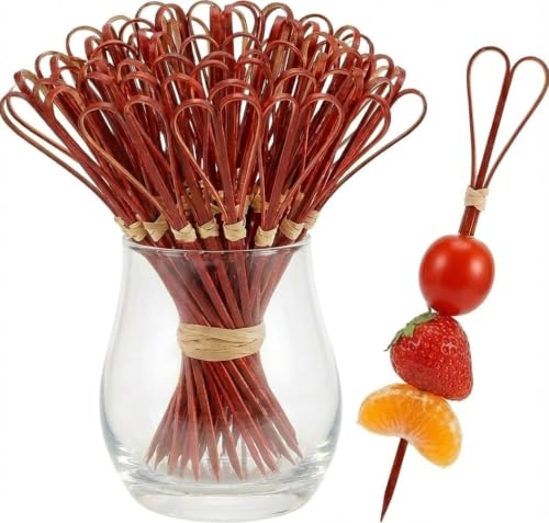 Image of Somani Decorative Bamboo Cocktail Picks Red Heart Loop | Bamboo Strip Heart Topper Food Picks for Appetizers, Drinks & Garnish | Cafe, Lounge, Bakery, Catering & Home Entertaining | Pack of 100
