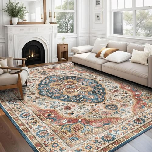 vivorug 9x12 Area Rugs for Living Room, Non Slip Machine Washable Vintage Beige Rug, Ultra-Thin Lightweight Large Area Rug for Bedroom, Dining Room, Low Pile