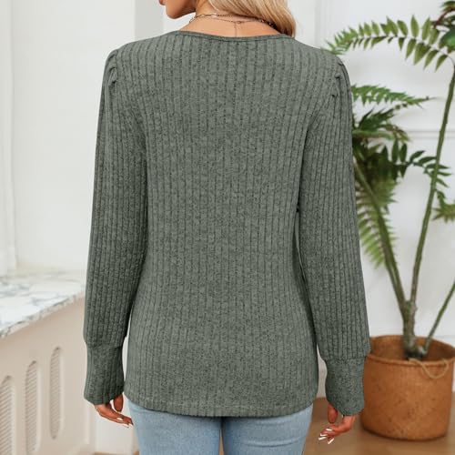 Blusa feminina de renda patchwork tops manga longa canelada túnica gola V casual solta manga longa p