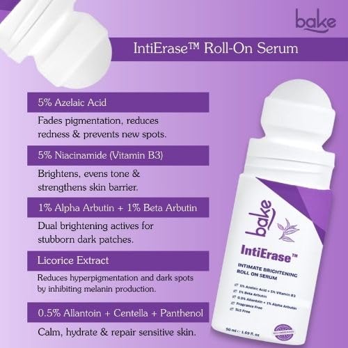 BAKE IntiErase Brightening Roll On Serum | Advanced Intimate Area Serum with 5% Vitamin B3 & Alpha Arbutin| Dark Spot & Pigmentation Care | Fragrance-Free Intimate Skin Brightening | 50ml 2