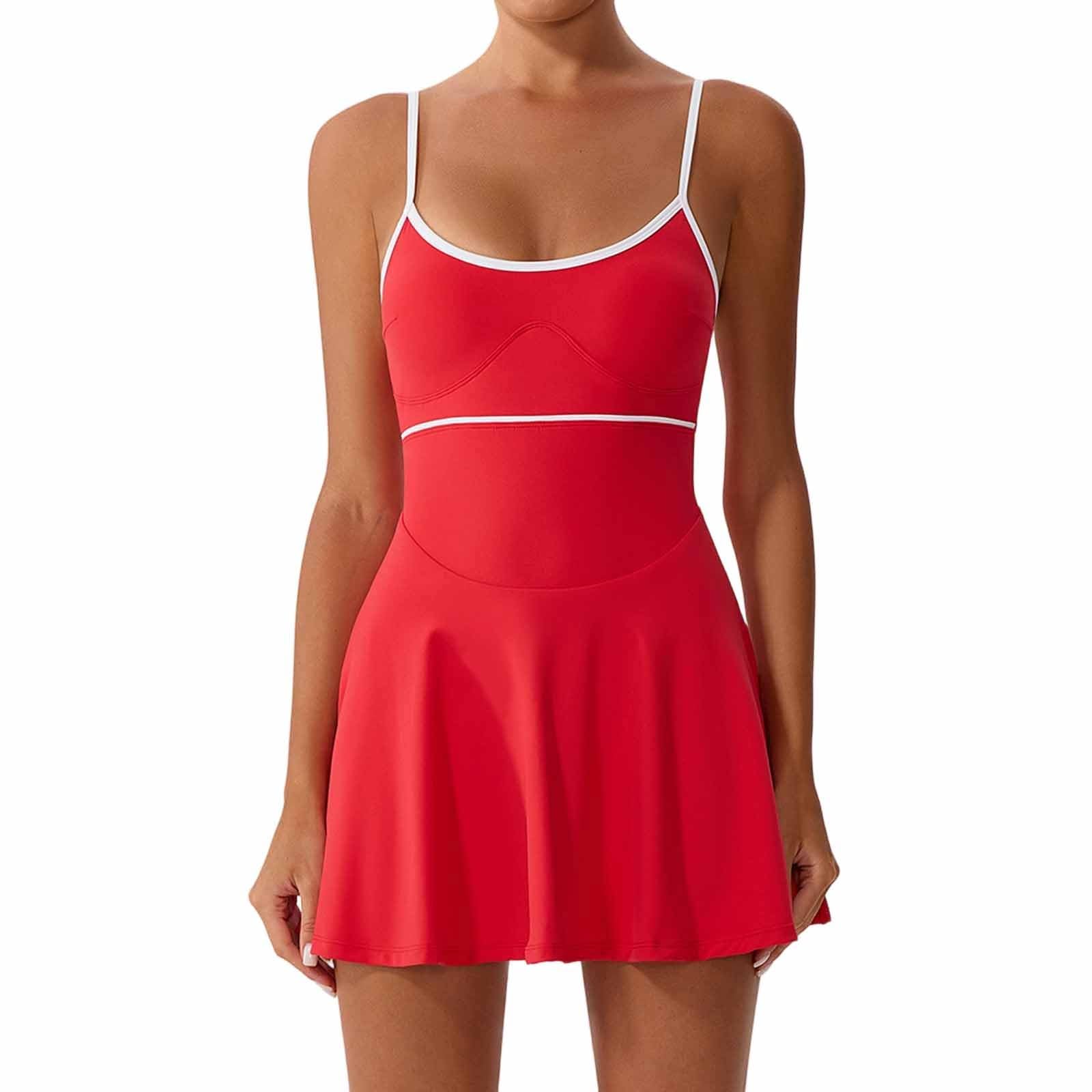 Robe de Tennis décontractée pour Femme avec Soutien-Gorge intégré Bretelles réglables Dos légère Respirante Poches Shorty -Transparent idéale Sport Yoga Quotidien été Confortable (Red, S)