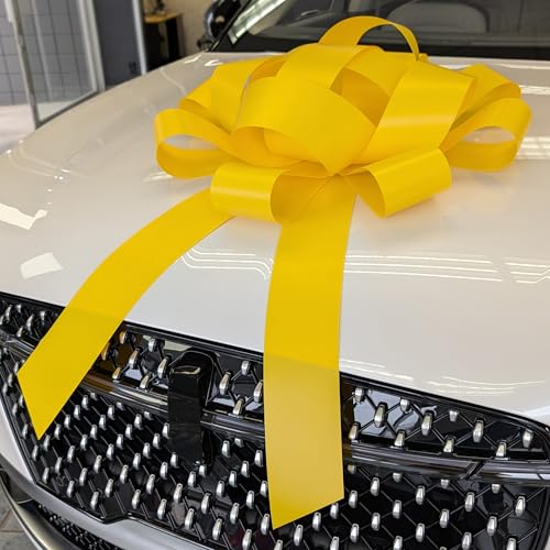 Image of CarBowz Big Car Bow for Car Decorations and Birthday Car Gifts, Large Bow Ribbon, Magnet, Car Safe Sticker Included, Fully Assembled 30 inch Wide Huge Bow, No Suction Cup Needed (Yellow)