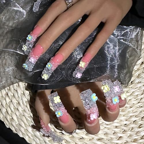 Handmade Curved Nails Tips Long Press on Nails - French Tip Fake Nails with 3D Sugar Crystal Bow Designs Square Nails Press ons Reusable Artificial Nail for Women Manicure 10Pcs(Size M)