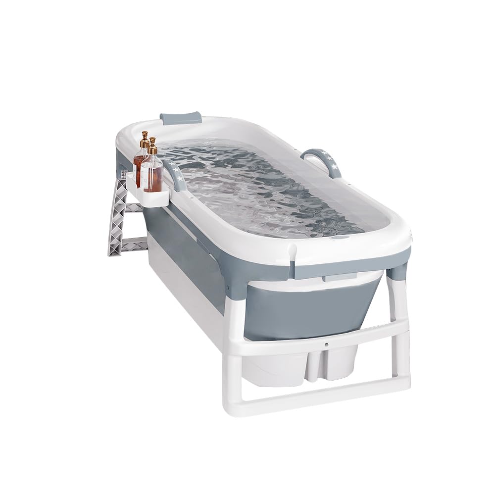 Bañera plegable para adultos, baño polar al aire libre, 118 x 60 x 53 cm, portátil, plegable, con tapa y rodillos de masaje, cesta de jabón, para baño y ducha, (Gris)