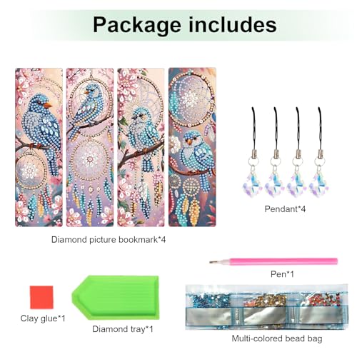 Image of 4 Pcs DIY 5D Diamond Painting Bookmark Kits for Adults, Acrylic Crystal Rhinestones Book Marks, Dreamcatcher Bluebird Diamond Art Bookmarks with Crystal Pendant, Handmade Tassel Bookmarks Gift Set