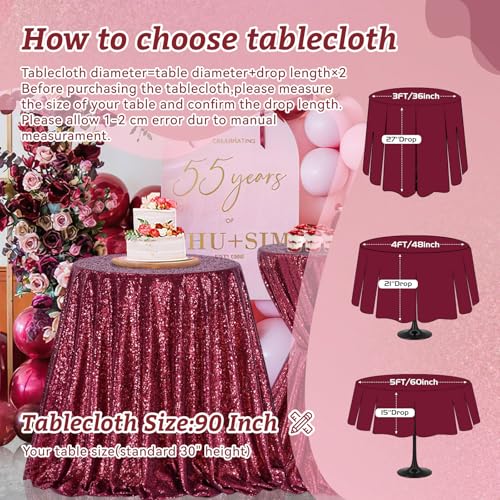 Image of B-COOL Round Sequin Tablecloth Draping Decorations: Burgundy 90 Inch Tablecloths Sequin Overlay Green Shimmer Fabric for Birthday Dinner Parties Valentines Day Graguation Christmas