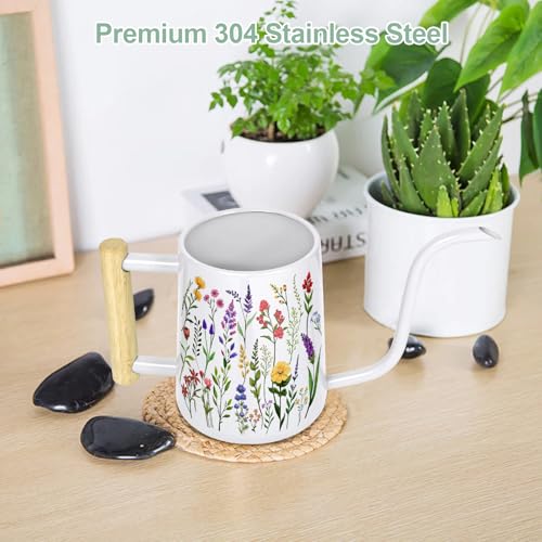 Image of Watering Can Indoor Plants, 35 oz /1000 ml Metal Stainless Steel Watering Can Pot with Long Spout for Indoor House Plants Bonsai Outdoor Garden Flower Decorative White Flowers