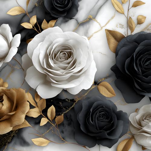 KKYEJLQYI Peel and Stick Marble Rose Wallpaper, with Black White Gold Roses and Metallic Gold Leaves for Bedroom Living Room Accent Wall Cabinets 17.3 x 39.3 (Black, White and Gold)