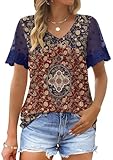 OFEEFAN Fashion Clothing Womens Tops Dressy Casual Blouses Lace Short Sleeve Tops for Women V Neck Shirts Boho Tops for Women XL