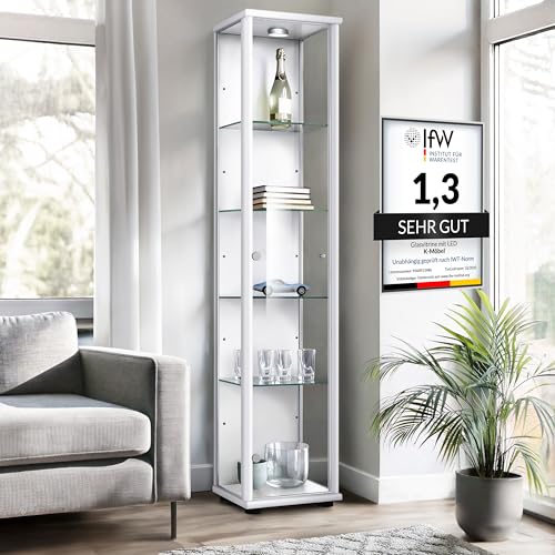 K-Möbel Glasvitrine Stehend (176x37x33cm) - Made in Germany - Vitrinenschrank Weiss mit 4 höhenverstellbaren Glasböden & LED - Vitrine Glas stehend - Glasschrank - Display Cabinet
