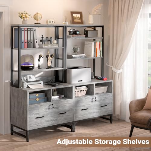 Homieasy File Cabinet with Charging Station, Vertical Filing Cabinet with Lock & Large Drawer, Printer Stand with Storage Shelves, Office Storage Cabinet fits Letter/A4/Legal Size, Light Oak — view 4