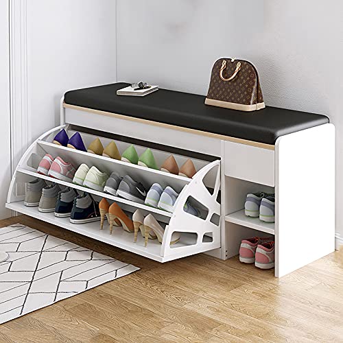 Banc à chaussures d'entrée en cuir blanc 100cm avec rangement dissimulé
