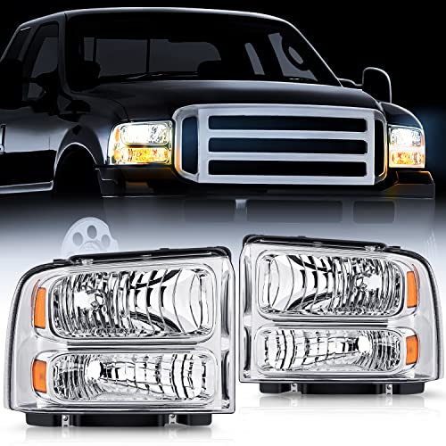Nilight 2005 2006 2007 F250 F350 F450 F550 Super Duty Headlight Assembly Chrome Housing Amber Corner Clear Lens Headlights Assembly Replacement, 2 Years Warranty