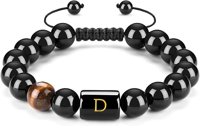 Amazon Frg 26文字メンズブレスレット 純粋なハンドメイド 8mm 天然ブラックオニキス タイガーアイストーン ビーズ 編組ロープブレスレット 意味のあるギフト 調節可能 ブラック ブレスレット 通販