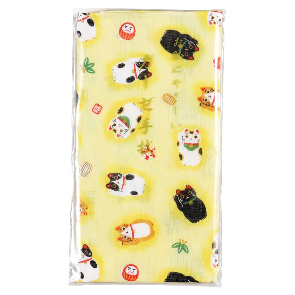 ミクラ Double Gauze Tenugui, Japanese Towel, Ohadani yasashii Gauze tenugui, Maneki-Neko, Lucky cat (Cream)