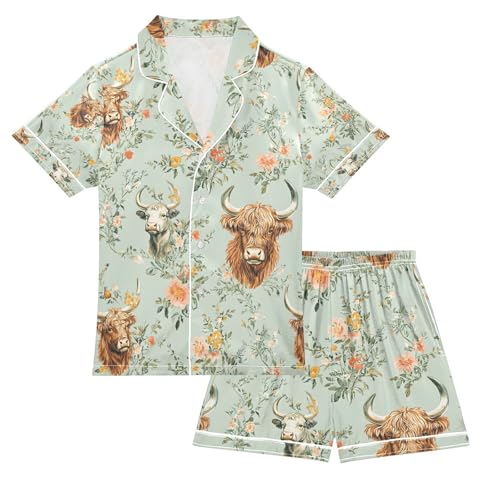 senya Highland Cows Vintage Flower Satin Summer Pajama Sets Silk Short Sleeve Button Down Sleepwear
