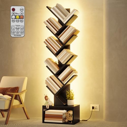Image of Hoctieon 9 Tier Tree Bookshelf, Tall Bookcase, Freestanding Book Shelf with LED Lights, Display Floor Standing Storage Shelf, Book Organizer Shelves for Home Office, Living Room, Black
