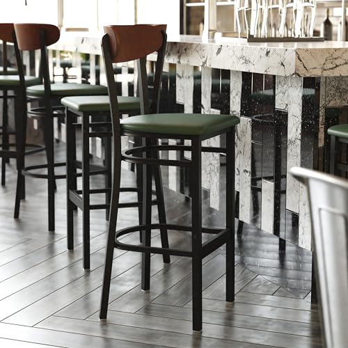 Image of Flash Furniture Wright Set of 2 Commercial Barstools - Walnut Wood Boomerang Back - Green Vinyl Seat - 500 LB. Capacity Black Steel Frame - Integrated Footrest