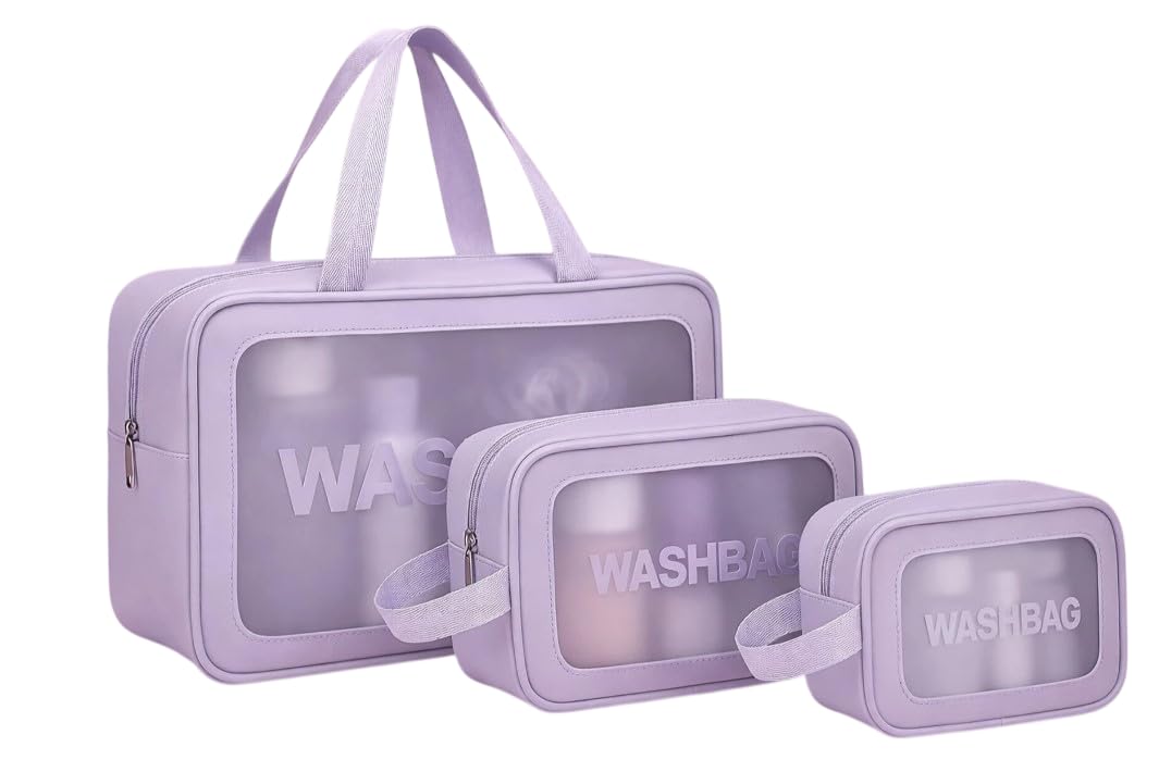 PERISA Enterprise_Makeup Pouch Bag PVC Travel Toiletries Organizer Cosmetic Bags Wash Bag Pouch for Travel Kit Toiletry Bag Portable Organizer Case Carry Pouch for Women Bathroom Set of 3 (Purple)