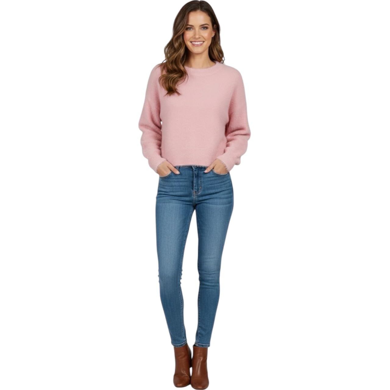 Women's Pink Fuzzy Pullover Sweater L, Soft Acrylic Blend, Round Neck, Full Sleeve, Lightweight Winter Knitwear, Cozy Warm Solid Jumper-image-22