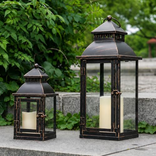 Image of NEEDOMO Lanterns Decorative Outdoor&Indoor, Set of 2 Large Bronze Metal Lantern Decor with Glass, Candle Holder for Porch, Patio, Garden, Balcony, Wedding, Table Centerpiece Decorations