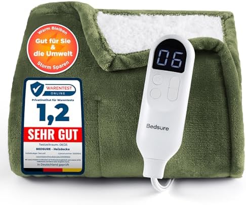 BEDSURE Heizdecke Wärmedecke Elektrische Kuscheldecke - 200x180cm, Grün | mit Abschaltautomatik, 6 Heizstufen & 10 Stunden Timer, bis zu 8 Stunden Überhitzungsschutz für Home & Off