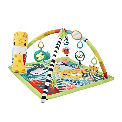 Fisher-Price Tapis de jeu 3-en-1 sur le thème de la jungle, pour jouer sur le ventre, avec 6 jouets sensoriels lumineux et sonores et arche ajustable, Jouet...