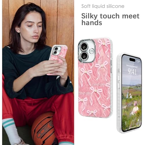 Image of VONZEE Compatible with iPhone 16 6.1'' Case Luxury Pink Girly Cute 3D Bow Pearl Glitter Bling Case with Full Camera Protection Shockproof Case PC+TPU Glossy Shiny Cover for Girls Women, Pink