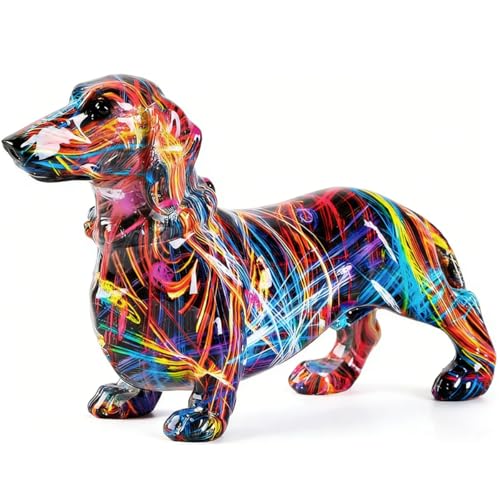 Figura colorida de perro salchicha con diseño graffiti